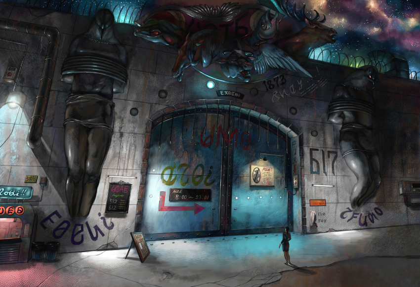 1girl, bad_id, bad_pixiv_id, barbed_wire, bird, cow, female_focus, fish, gate, graffiti, highres, horse, original, osamuko, sign, solo, statue, status, stone_wall, trash_can, wall, writing