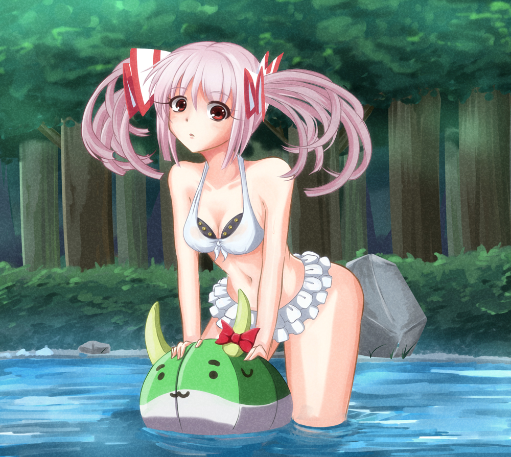 1girl, :3, aitsugawa_rui, alternate_hairstyle, bad_id, bad_pixiv_id, bikini, bow, female_focus, frilled_bikini, frills, fujiwara_no_mokou, grey_hair, long_hair, looking_at_viewer, navel, red_eyes, solo, sukusuku_hakutaku, swimsuit, touhou, twintails, water, white_bikini