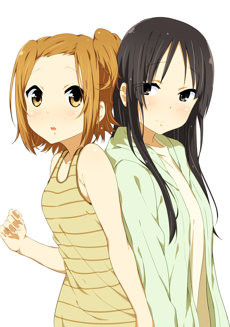 2girls, akiyama_mio, alternate_hairstyle, bad_id, bad_pixiv_id, black_eyes, black_hair, black_legwear, blush, brown_hair, girock, hime_cut, k-on!, long_hair, multiple_girls, one_side_up, short_hair, simple_background, smile, tainaka_ritsu, very_long_hair