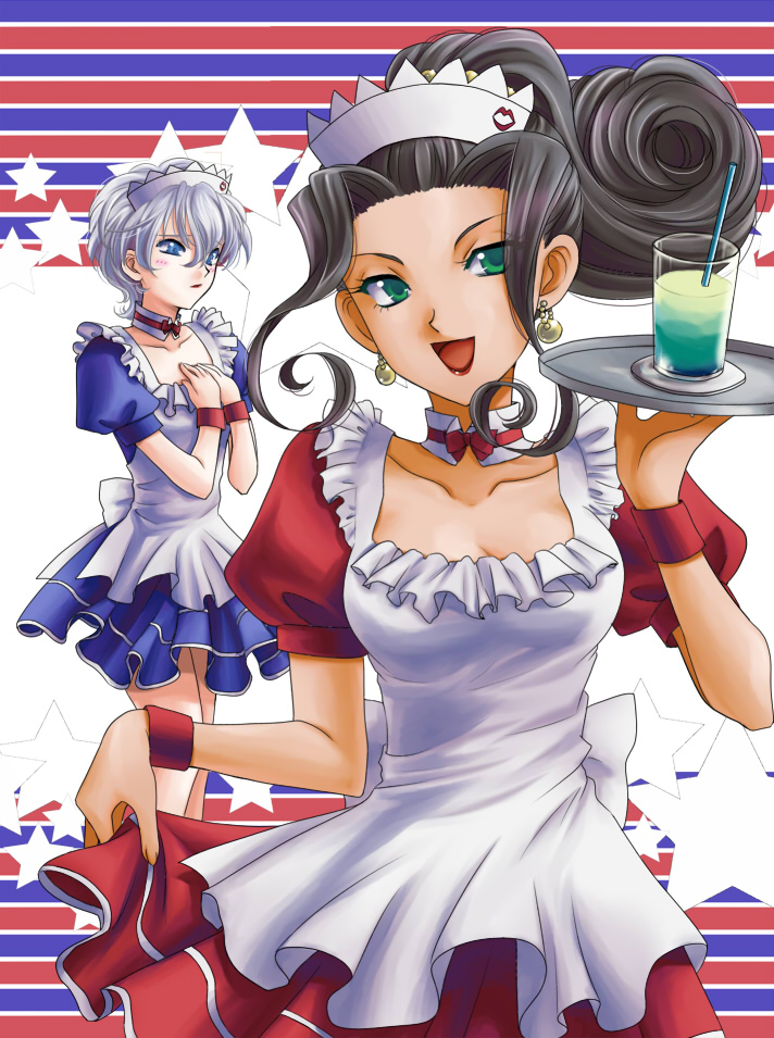 00s, 2girls, alternate_costume, black_hair, blue_eyes, carrying, drinking_straw, earrings