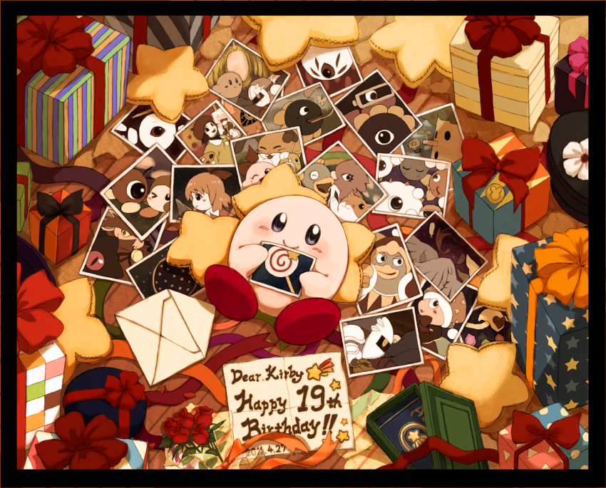 adeleine, angel_wings, bird, birthday, blue_eyes, blush, bow, box, bug, butterfly, candy, cat, chuchu_(kirby), colored_sclera, coo_(kirby), cyclops, dark_matter_(kirby), dark_matter_(samurai), dark_matter_blade, dark_meta_knight, dark_mind_(orb), dark_nebula, daroach, dated, dew-spiegel, envelope, everyone, fish, flower, food, galacta_knight, gift, gift_box, gooey_(kirby), grass, hamster, hat, highres, insect, kaboola, kine_(kirby), king_dedede, kirby, kirby_(series), kracko, lalala_(kirby), lollipop, lololo_(kirby), looking_at_viewer, lying, marx_(kirby), marx_(true_form)_(kirby), mask, meta_knight, mirror, nago_(kirby), nightmare's_power_orb_(kirby), nightmare_(kirby), nintendo, on_back, one-eyed, one_eye_closed, paint_palette, paintbrush, photo_(object), pillow, pitch_(kirby), red_sclera, ribbon, ribbon_(kirby), rick_(kirby), rose, shadow_kirby, smile, star_(symbol), tongue, tree, waddle_dee, waddle_doo, whispy_woods, wings, wink, zero_(kirby), zero_two_(kirby)