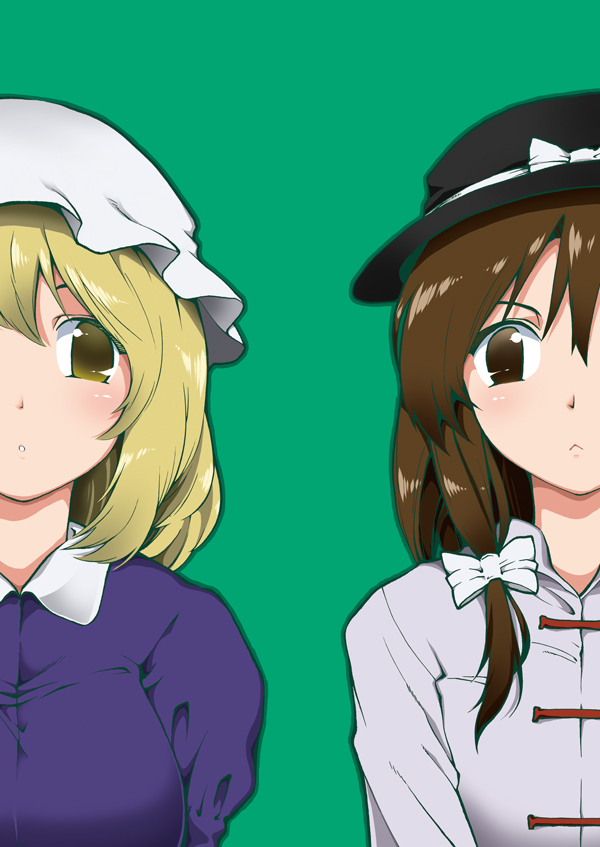 2girls, bad_id, bad_pixiv_id, blonde_hair, brown_eyes, brown_hair, dress_shirt, female_focus