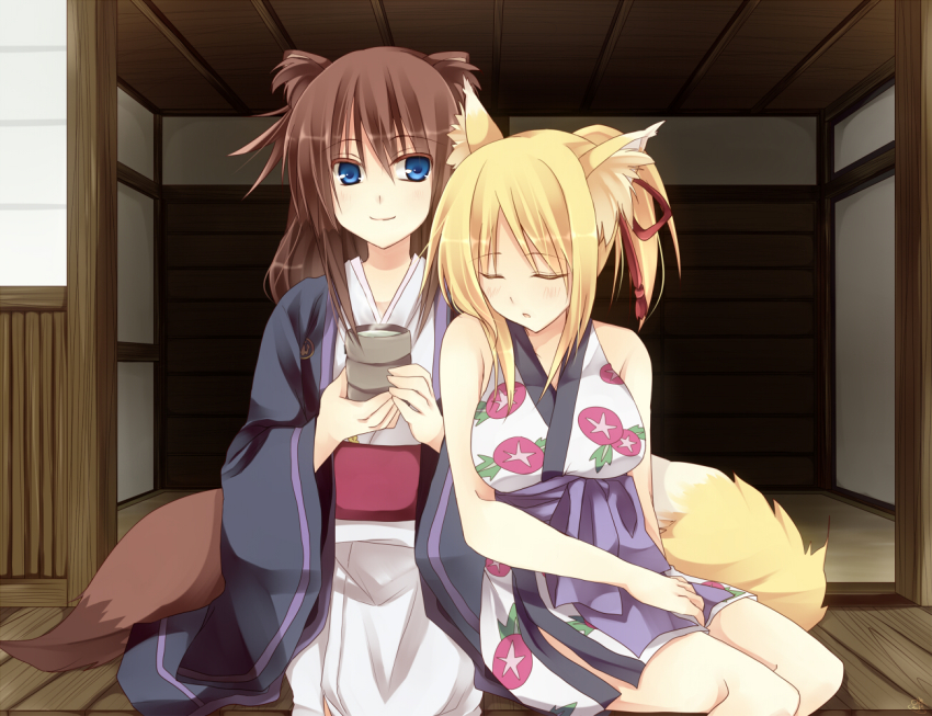 10s, 2girls, animal_ears, bad_id, bad_pixiv_id, blonde_hair, blue_eyes, breasts, brioche_d'arquien, brown_hair, dog_days, closed_eyes, fox_ears, fox_tail, japanese_clothes, large_breasts, mizuki_hau, multiple_girls, sleeping, smile, tail, tea, yukikaze_panettone