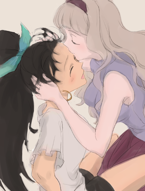 2girls, akihiro, bad_id, bad_pixiv_id, black_hair, breasts, earrings, closed_eyes