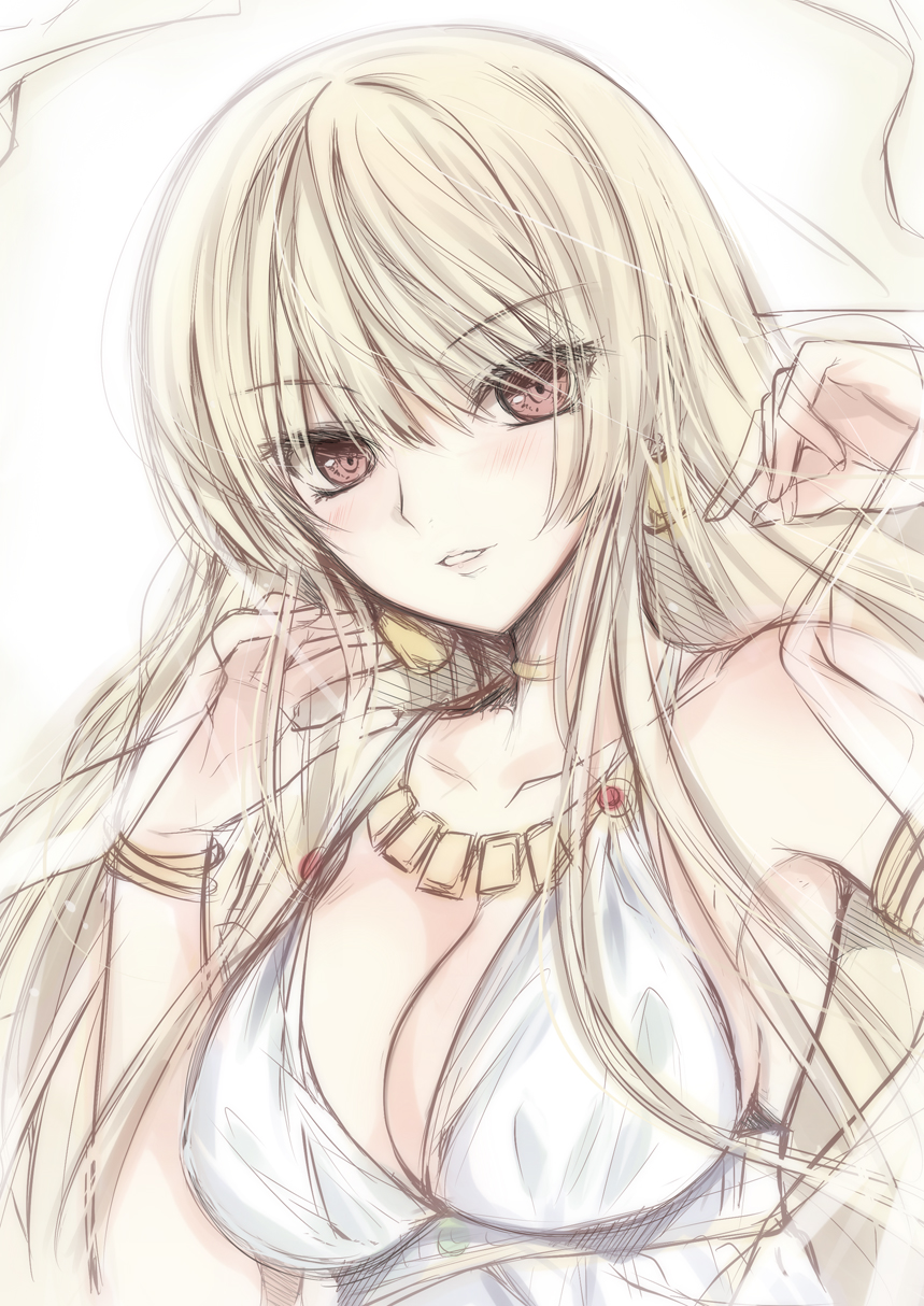 1girl, armlet, blonde_hair, bracelet, breasts, cleavage, fate/stay_night, fate/zero