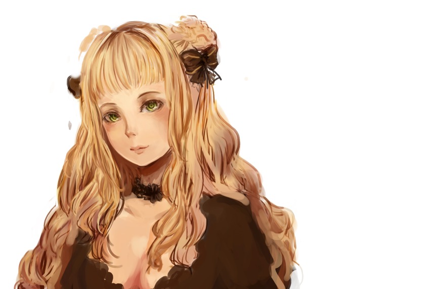 1girl, anonymous_drawfag, blonde_hair, bow, breasts, choker, cleavage, double_bun