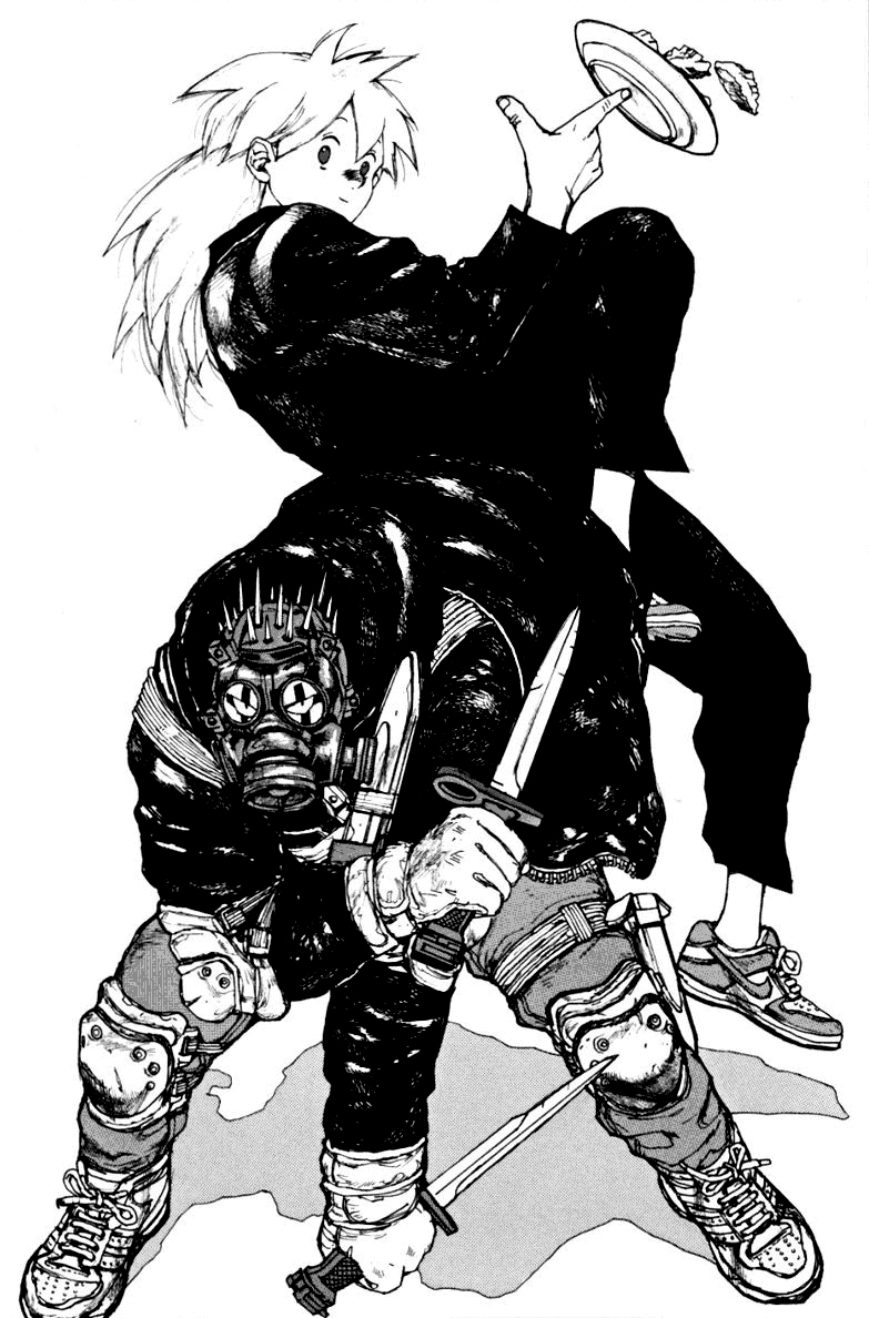 1boy, 1girl, balancing_on_finger, caiman_(dorohedoro), dorohedoro, dumpling, elbow_pads, food