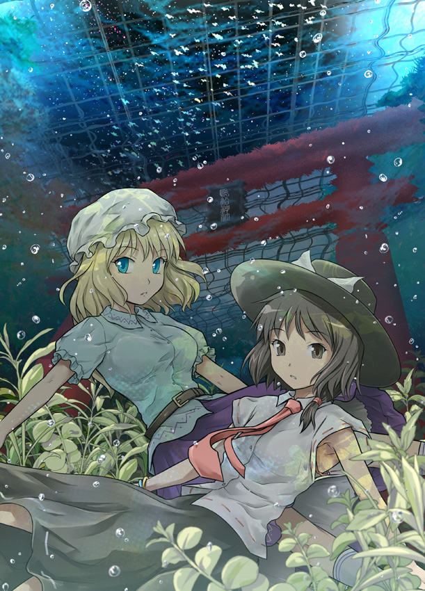 2girls, belt, black_hair, blonde_hair, blue_eyes, brown_eyes, bubble, female_focus