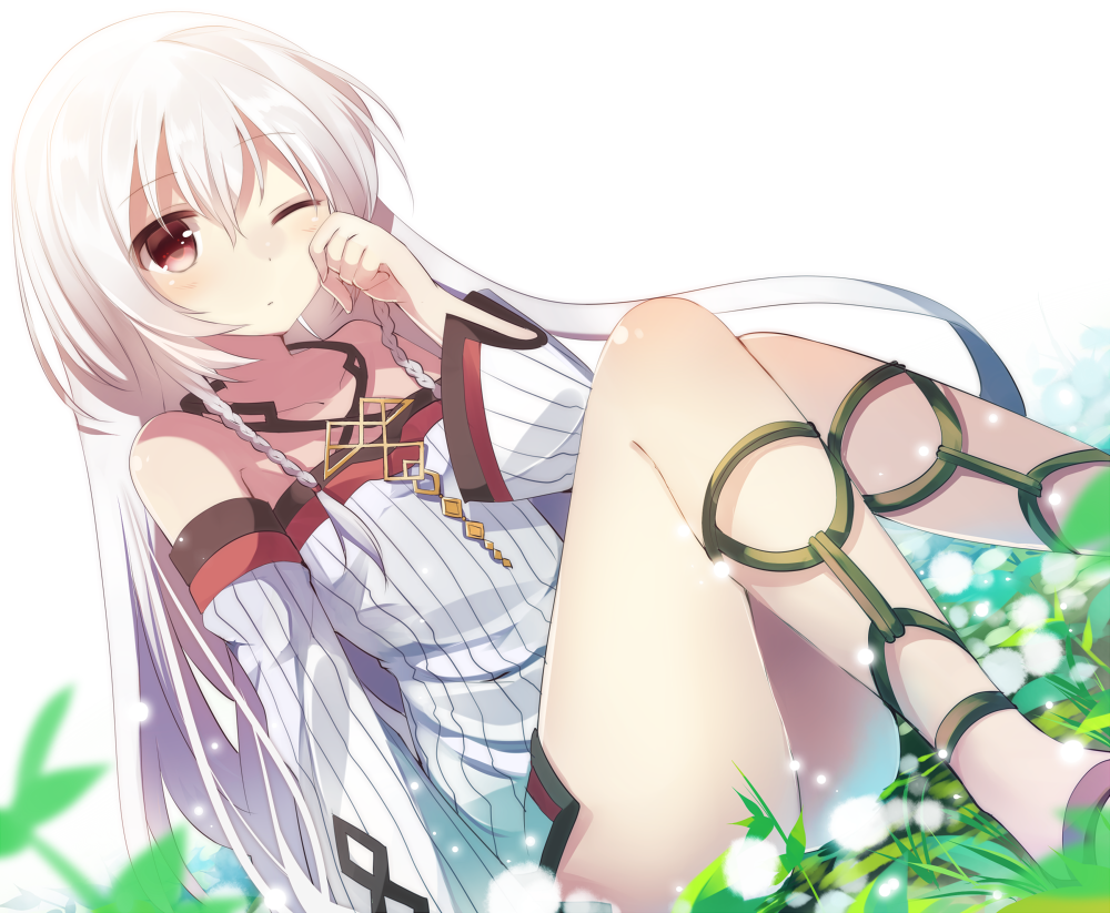 1girl, bad_id, bad_pixiv_id, bare_shoulders, blush, braid, creha_rem_ordin, detached_sleeves, eiyuu_densetsu, falcom, female_focus, kureha_(nayuta_no_kiseki), legs, long_hair, md5_mismatch, mishima_kurone, nayuta_no_kiseki, one_eye_closed, red_eyes, sitting, solo, twin_braids, white_hair, wink