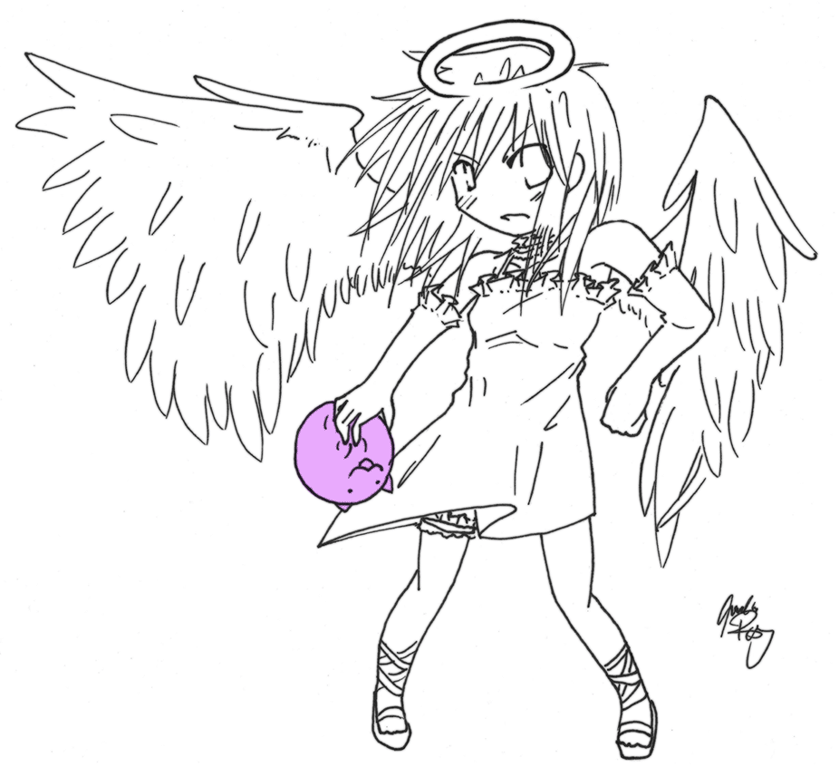 1girl, angel, angel_wings, animated, animated_gif, cat, cat_planet, chibi, dress, halo, monochrome, rainbow, spot_color, traditional_halo, wings