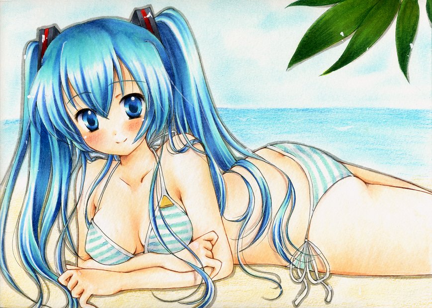 1girl, arm_support, ass, beach, bikini, blue_eyes, blue_hair, blush, breasts, crossed_arms, day, female_focus, hair_ornament, happy, hatsune_miku, hatsune_miku_(swimwear), horizon, long_hair, looking_at_viewer, lying, marker_(medium), matching_hair/eyes, my_(mylilla811), ocean, on_ground, on_stomach, outdoors, pastel_(medium), plant, sand, side-tie_bikini_bottom, sky, smile, solo, striped_bikini, striped_clothes, swimsuit, traditional_media, twintails, vocaloid, water, watercolor_pencil_(medium)
