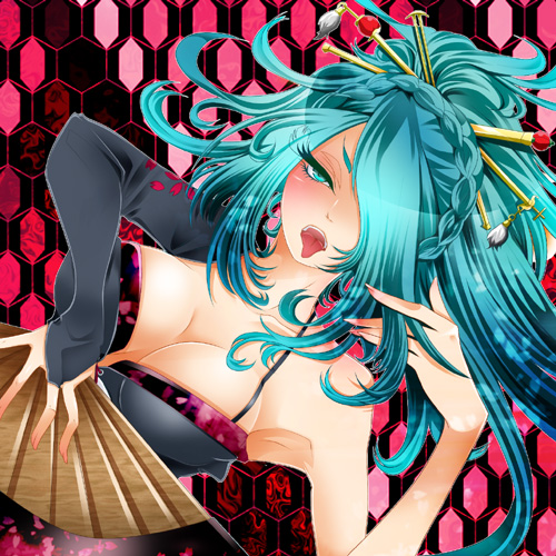 1girl, aqua_eyes, aqua_hair, bad_id, bad_pixiv_id, bridal_gauntlets, colorized, female_focus, folding_fan, hair_over_one_eye, hand_fan, hatsune_miku, hatsune_miku_(moonlight_butterfly), knife_(vocaloid), lowres, open_mouth, solo, tongue, vocaloid