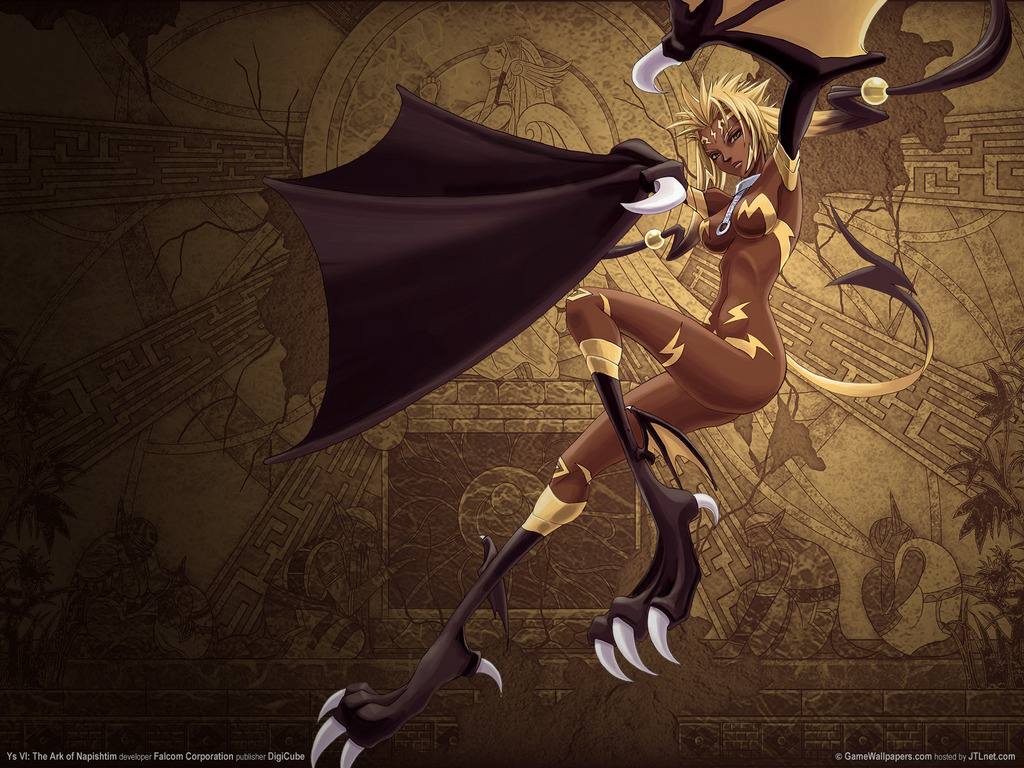 1girl, armpits, ass, bat_wings, between_breasts, black_hair, blonde_hair, bodypaint, breasts, brown_background, choker, claws, dark-skinned_female, dark_skin, demon_girl, facial_mark, fairy, female_focus, forehead_mark, hair_ornament, harpy, large_breasts, long_hair, monster_girl, multicolored_hair, nude, official_art, sera_(ys), solo, tail, two-tone_hair, werebat, wings, ys, ys_vi, ys_vi:_the_ark_of_napishtim