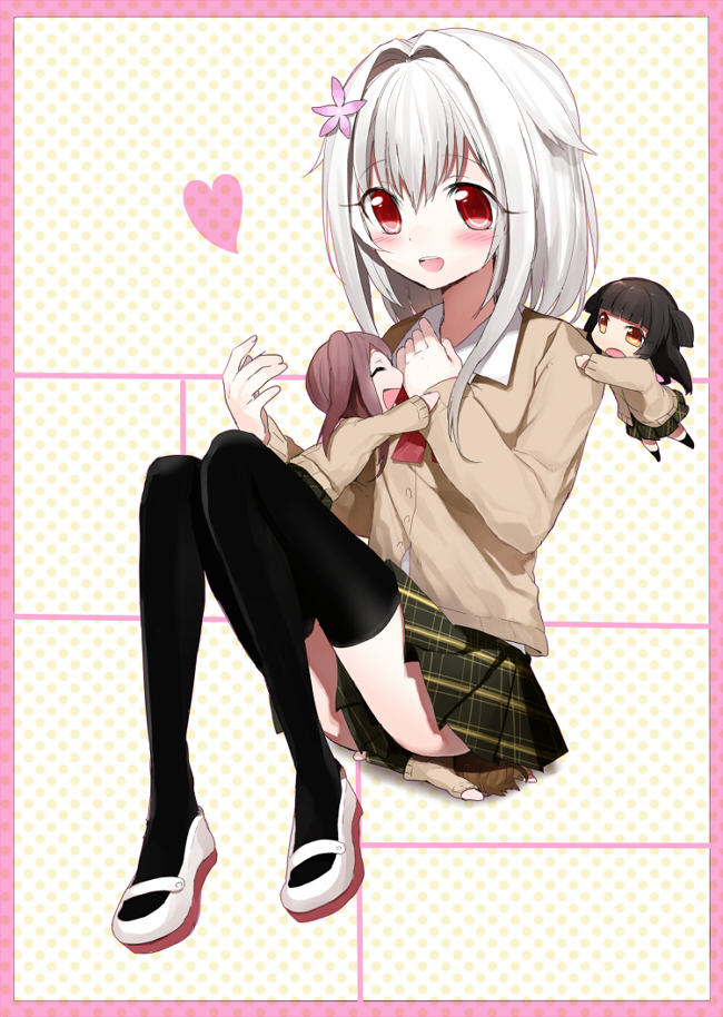 2boys, 2girls, androgynous, asai_miki, bad_id, bad_nicoseiga_id, black_hair, black_legwear, blush, cardigan, closed_eyes, crossdressing, erubo, flower, hair_flower, hair_intakes, hair_ornament, heart, long_sleeves, multiple_boys, multiple_girls, open_mouth, original, plaid_clothes, plaid_skirt, red_eyes, red_hair, shiokari_monaka, shoes, short_hair, side_ponytail, silver_hair, sitting, skirt, thighhighs, trap, uwabaki, yellow_eyes, yohane_bonaventura