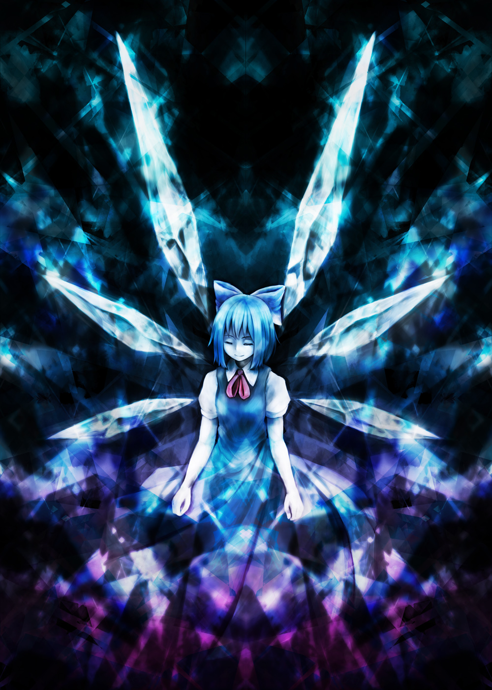 1girl, bad_id, bad_pixiv_id, blue_hair, blue_theme, cirno, closed_eyes, detached_wings