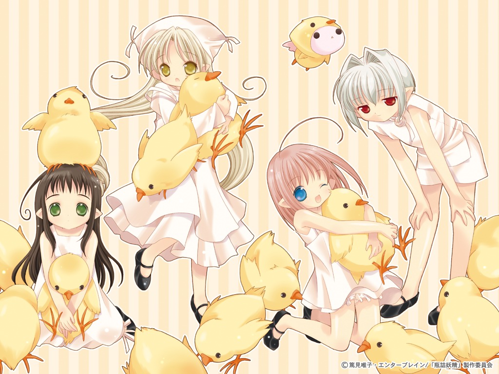 00s, 4girls, baby_animal, binzume_yousei, bird, chick, chiriri_(binzume_yousei), hororo_(binzume_yousei)