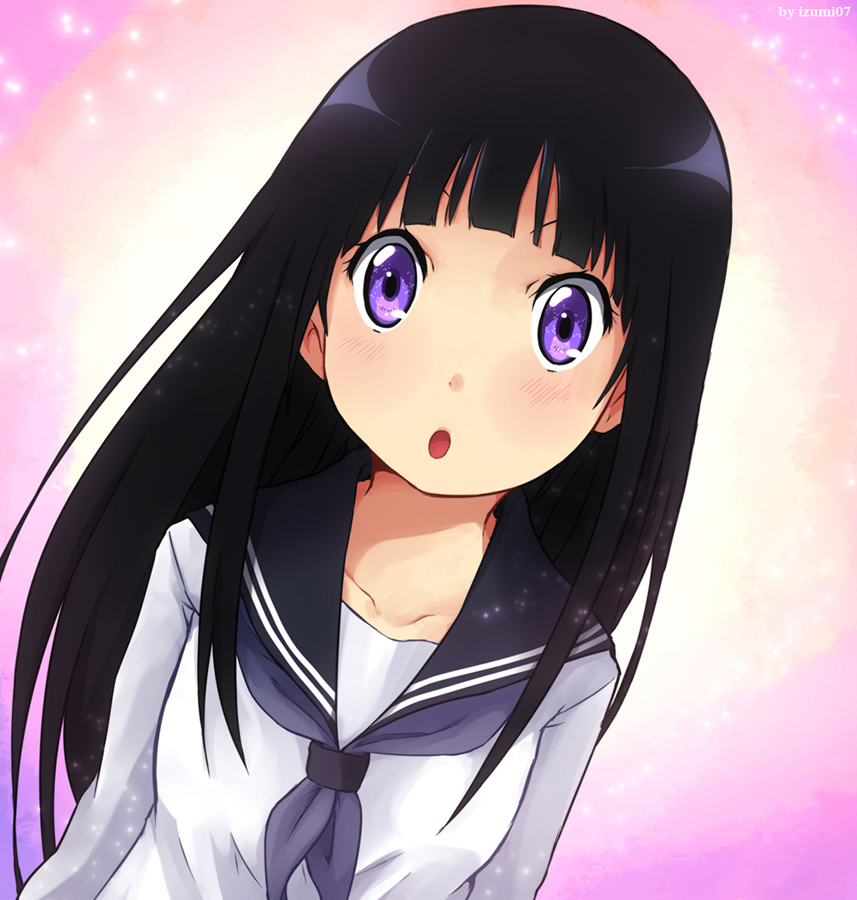 10s, 1girl, black_hair, chitanda_eru, hyouka, izumi_(q!), kamiyama_high_school_uniform_(hyouka), long_hair