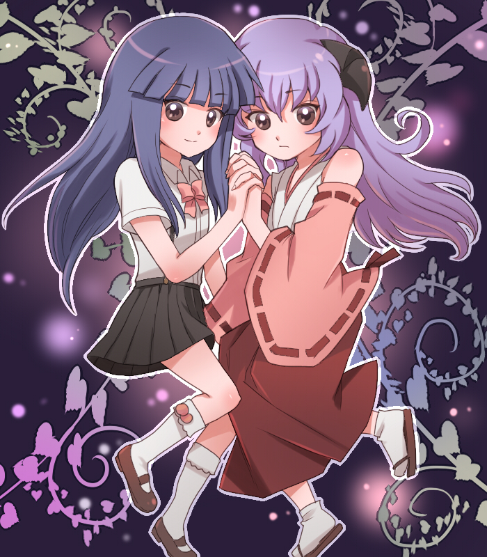 2girls, bare_shoulders, blue_hair, bow, brown_eyes, detached_sleeves, furude_rika, hakama