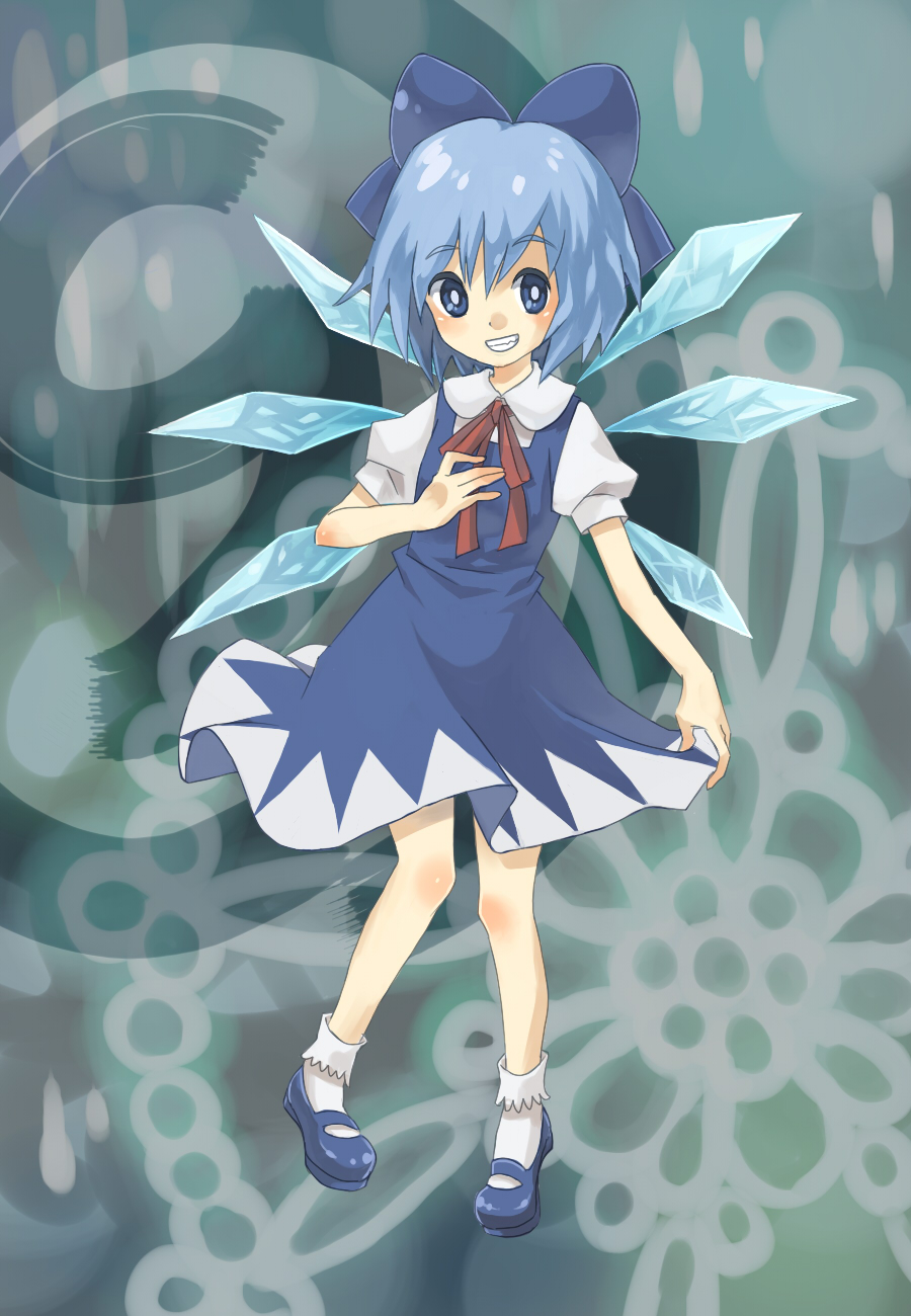1girl, blue_eyes, blue_hair, circled_9, cirno, dress, female_focus, grin