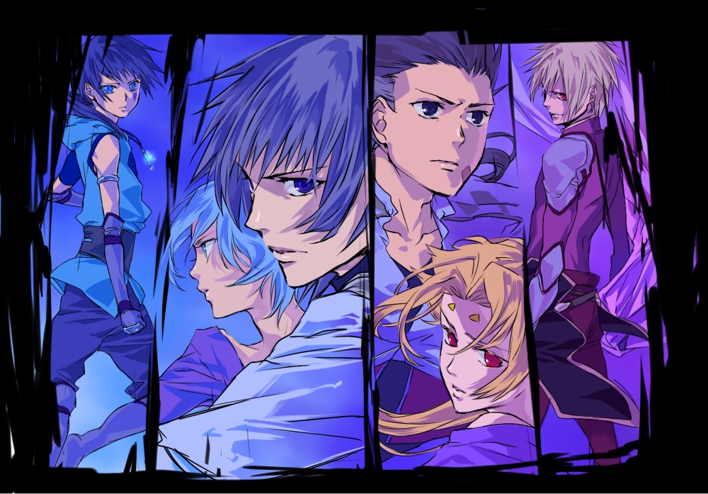 2girls, 4boys, bad_id, bad_pixiv_id, blonde_hair, blue_eyes, blue_hair, character_request