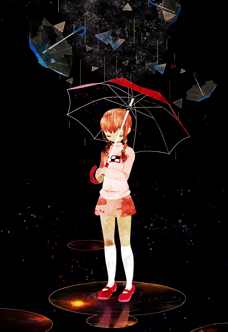 1girl, abstract, braid, brown_hair, closed_eyes, female_focus, kneehighs, long_sleeves