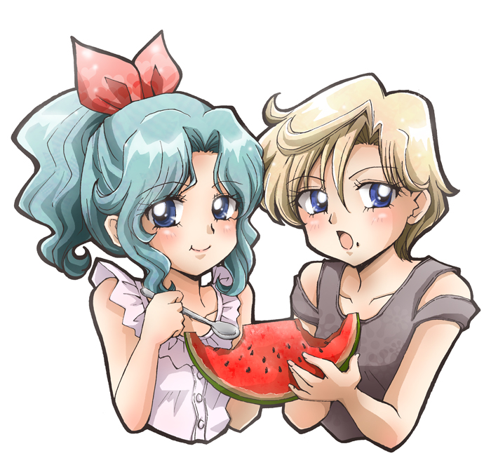 1990s_(style), 2girls, alternate_hairstyle, bishoujo_senshi_sailor_moon, blonde_hair, blue_eyes, blush, food