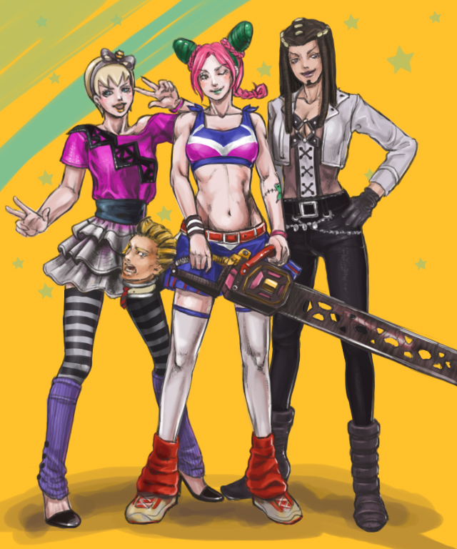 1boy, 3girls, bad_id, bad_pixiv_id, bare_shoulders, belt, black_hair, blonde_hair, braid, breasts, chainsaw, cheerleader, cleavage, cone_hair_bun, cordelia_starling, cordelia_starling_(cosplay), cosplay, crop_top, double_bun, double_v, ermes_costello, foo_fighters_(jojo), frills, gloves, grasshopper_manufacture, green_hair, green_lips, hair_bun, hairband, high_heels, jacket, jojo_no_kimyou_na_bouken, juliet_starling, juliet_starling_(cosplay), kuujou_jolyne, lipstick, lollipop_chainsaw, makeup, midriff, miniskirt, multicolored_hair, multiple_girls, navel, necktie, off_shoulder, one_eye_closed, pink_hair, rosalind_starling, rosalind_starling_(cosplay), severed_head, shoes, short_hair, skirt, sneakers, stone_ocean, striped_legwear, tattoo, thighhighs, v, watch, wink, wristband