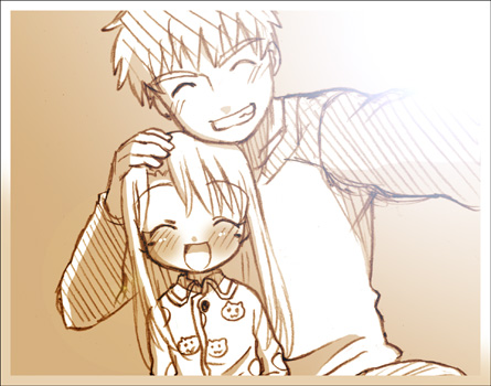 00s, 1boy, 1girl, brother_and_sister, brown_theme, closed_eyes, emiya_shirou, fate/stay_night, fate_(series), illyasviel_von_einzbern, kouteiryuu_(stparusu), lowres, monochrome, raglan_sleeves, siblings, smile