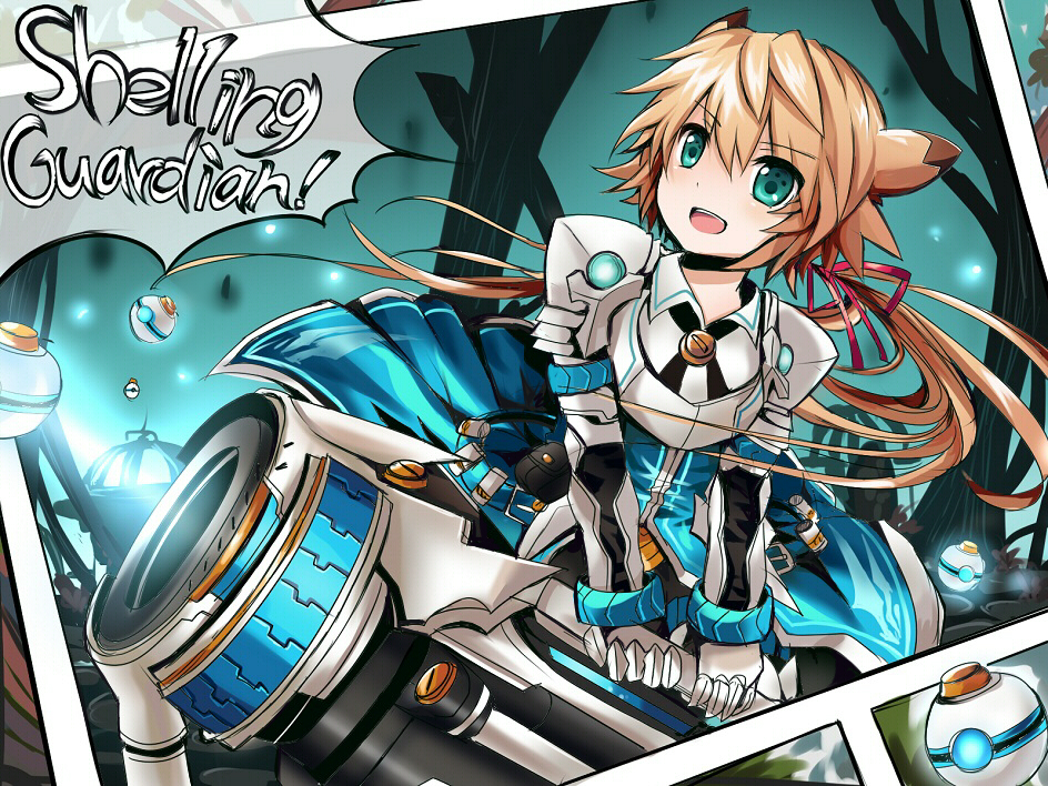 1boy, aqua_eyes, armor, blonde_hair, cannon, character_name, chung_seiker, elsword