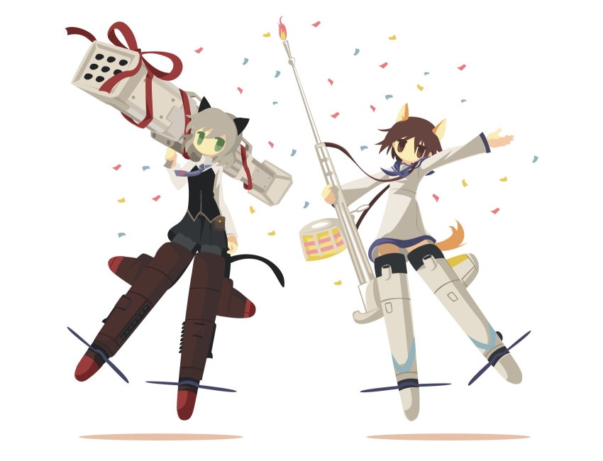 2girls, animal_ears, cat_ears, cat_tail, confetti, dog_ears, fliegerhammer, flying
