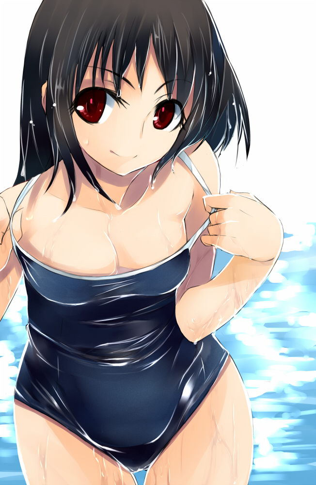 1girl, bare_shoulders, black_hair, breasts, cleavage, competition_school_swimsuit, female_focus, large_breasts