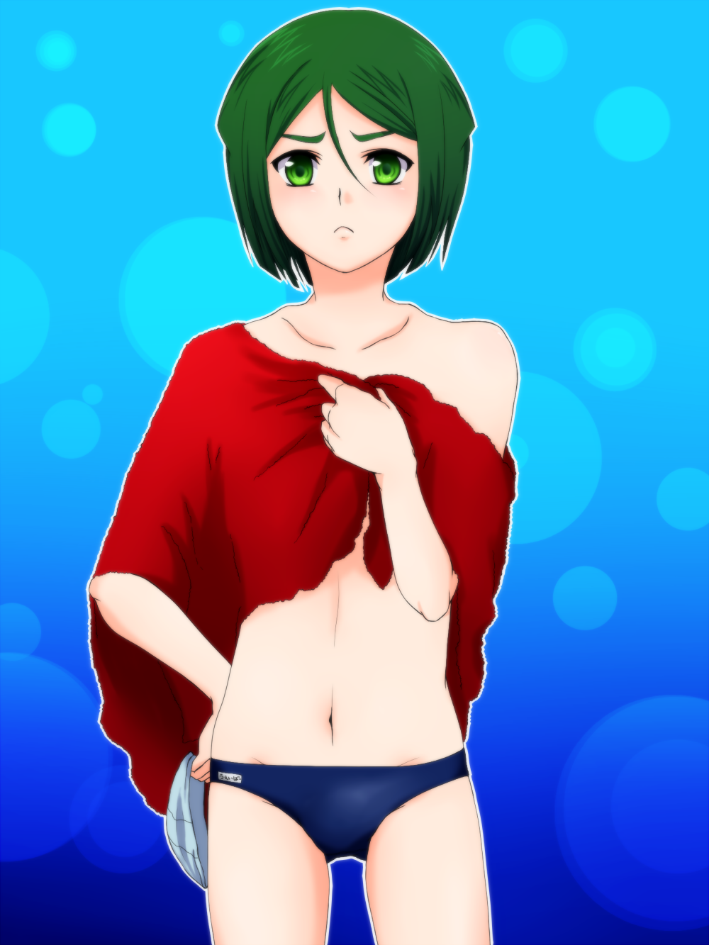 1boy, blue_male_swimwear, blue_school_swimsuit, blue_swim_briefs, bob_cut, cowboy_shot, fate/zero, fate_(series), frown, green_eyes, green_hair, hair_between_eyes, highres, looking_at_viewer, luv-on-luv, male_focus, male_school_swimsuit, male_swimwear, matching_hair/eyes, name_tag, navel, solo, swim_briefs, swim_cap, swimsuit, topless_male, towel, waver_velvet