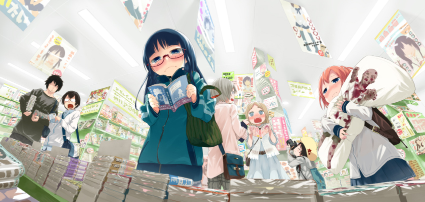bag, black_hair, blonde_hair, blue_eyes, blue_hair, blush, book, book_stack
