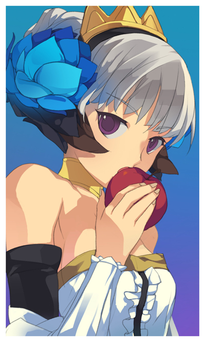1girl, apple, bare_shoulders, crown, detached_sleeves, dress, elbow_gloves, female_focus