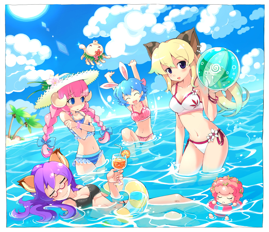 10s, 4girls, animal_ears, armcho, arms_up, ball, beach, beachball, bikini, blonde_hair, blue_eyes, blue_hair, blunt_bangs, blush_stickers, braid, breasts, bunny_(trickster), cat_(trickster), cleavage, closed_eyes, cloud, day, fox_(trickster), frilled_bikini, frills, glasses, hat, horns, innertube, long_hair, lying, medium_breasts, multiple_girls, open_mouth, outdoors, palm_tree, pink_hair, purple_hair, sheep_(trickster), short_hair, side-tie_bikini_bottom, sky, small_breasts, standing, straw_hat, striped_bikini, striped_clothes, submerged, summer, swim_ring, swimsuit, tankini, tree, trickster_(ntreev_soft), twin_braids, vertical-striped_bikini, vertical-striped_clothes, wading, water