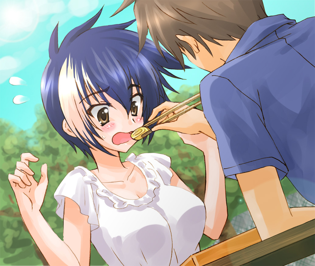 1boy, 1girl, bad_id, bad_pixiv_id, blue_hair, blush, breasts, brown_eyes