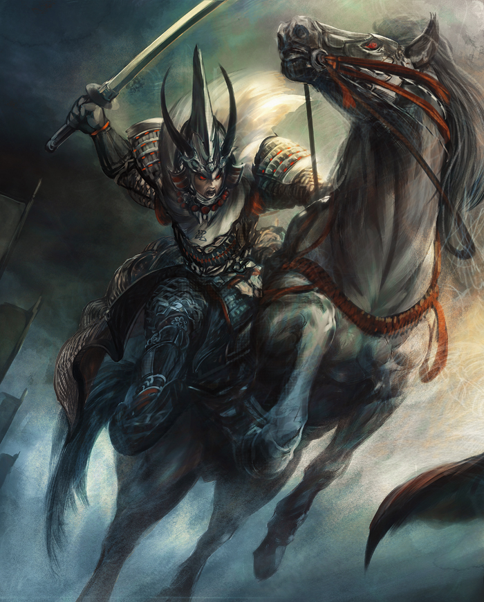 1boy, armor, full_armor, hayaken_sarena, helmet, horse, male_focus, open_mouth