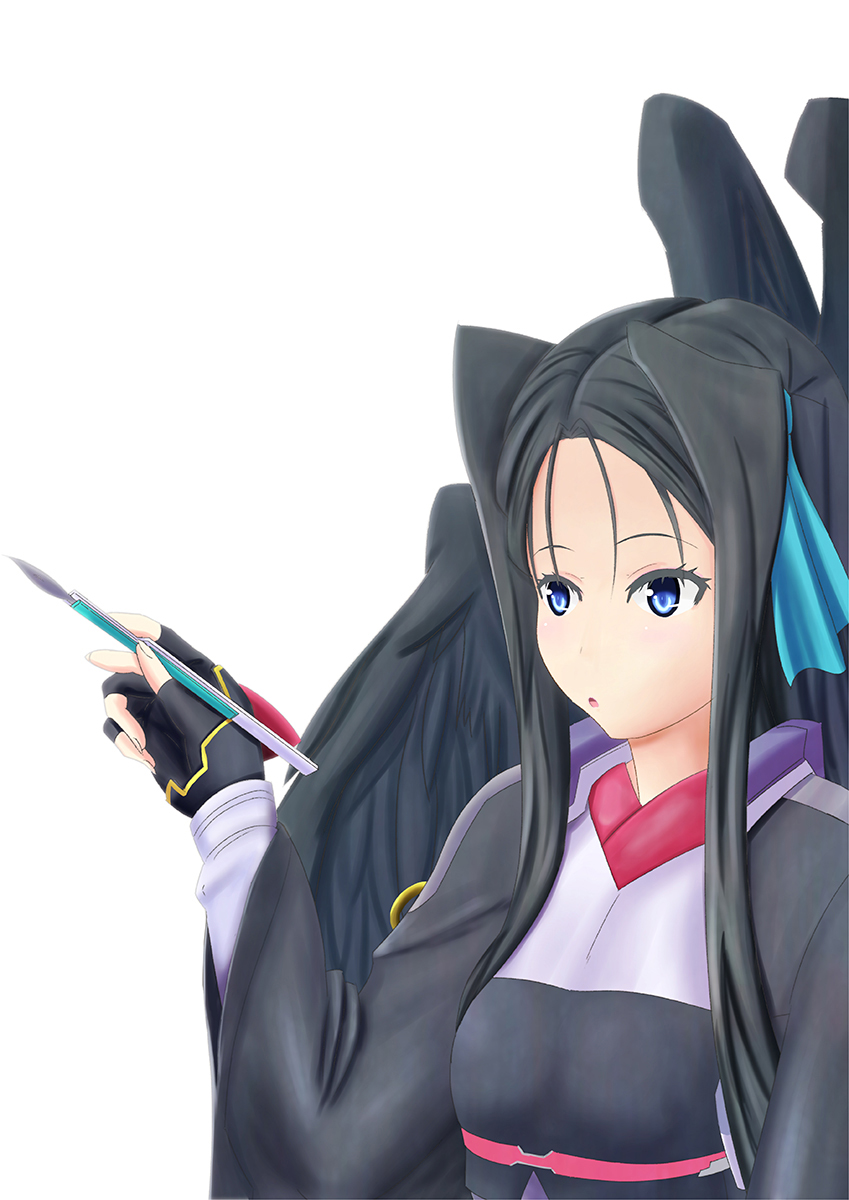 1girl, :o, angel, black_hair, blue_eyes, bodysuit, female_focus, fingerless_gloves