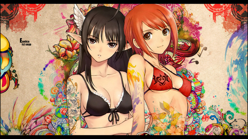 2girls, black_hair, bra, brown_eyes, feathers, flower, highres, long_hair