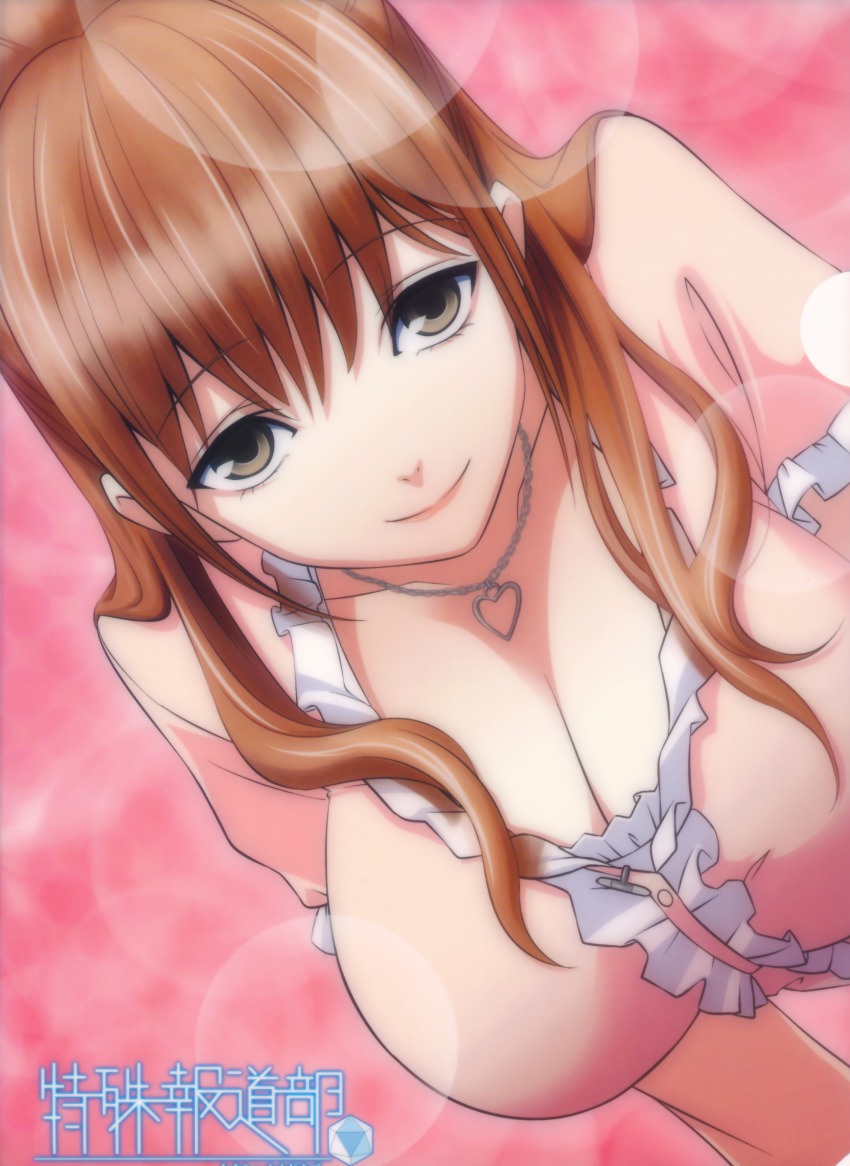 1girl, absurdres, breasts, brown_hair, cleavage, dress, female_focus, grey_eyes, highres, kiyohara_hiro, large_breasts, murase_chika, non-web_source, scan, solo, tokushu_houdoubu