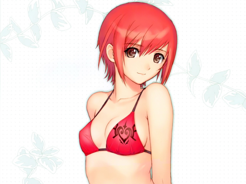 1girl, bikini, bra, heart, highres, plant, red_eyes, red_hair