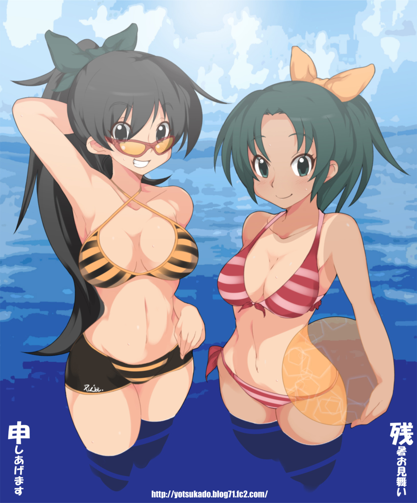 10s, 2girls, bad_id, bad_pixiv_id, bike_shorts, bikini, black_eyes, black_hair