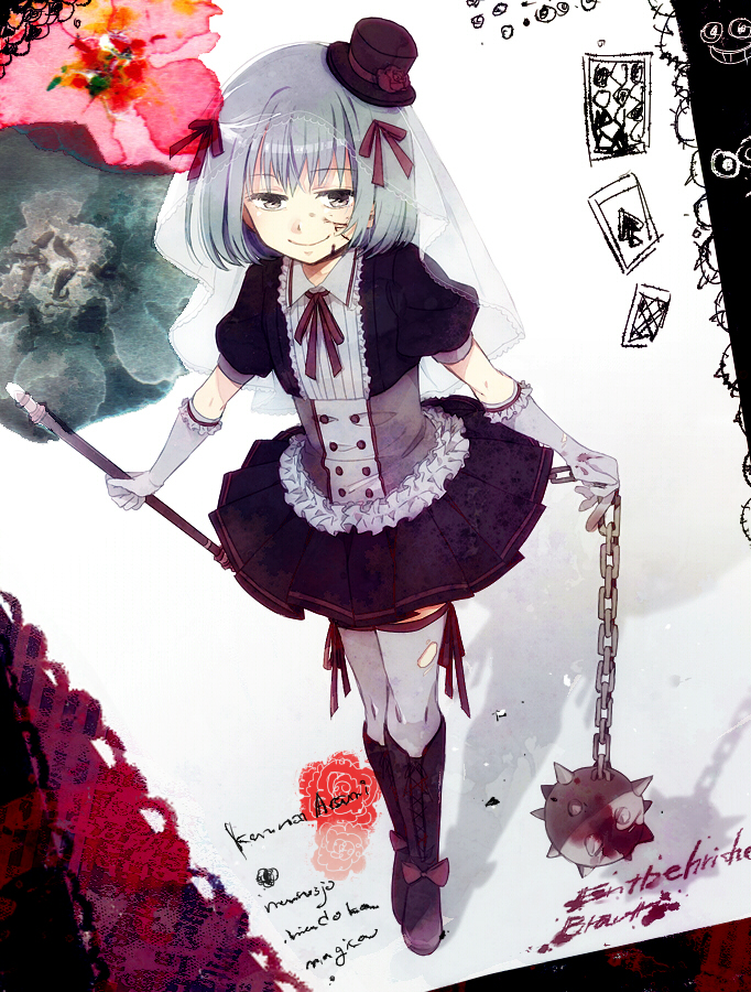 10s, 1girl, bad_id, bad_pixiv_id, ball_and_chain_(weapon), black_eyes, blood, blood_on_face, blood_stain, boots, bow, card, chain, character_name, dress, ehoumaki_otoko, elbow_gloves, female_focus, flail, flower, gloves, grey_thighhighs, hair_ribbon, hat, kanna_asumi, mace, magical_girl, mahou_shoujo_madoka_magica, mahou_shoujo_madoka_magica_(anime), mini_hat, mini_top_hat, morning_star, ribbon, short_hair, silver_hair, smile, solo, spiked_ball_and_chain, spiked_mace, spikes, thighhighs, top_hat, veil, weapon