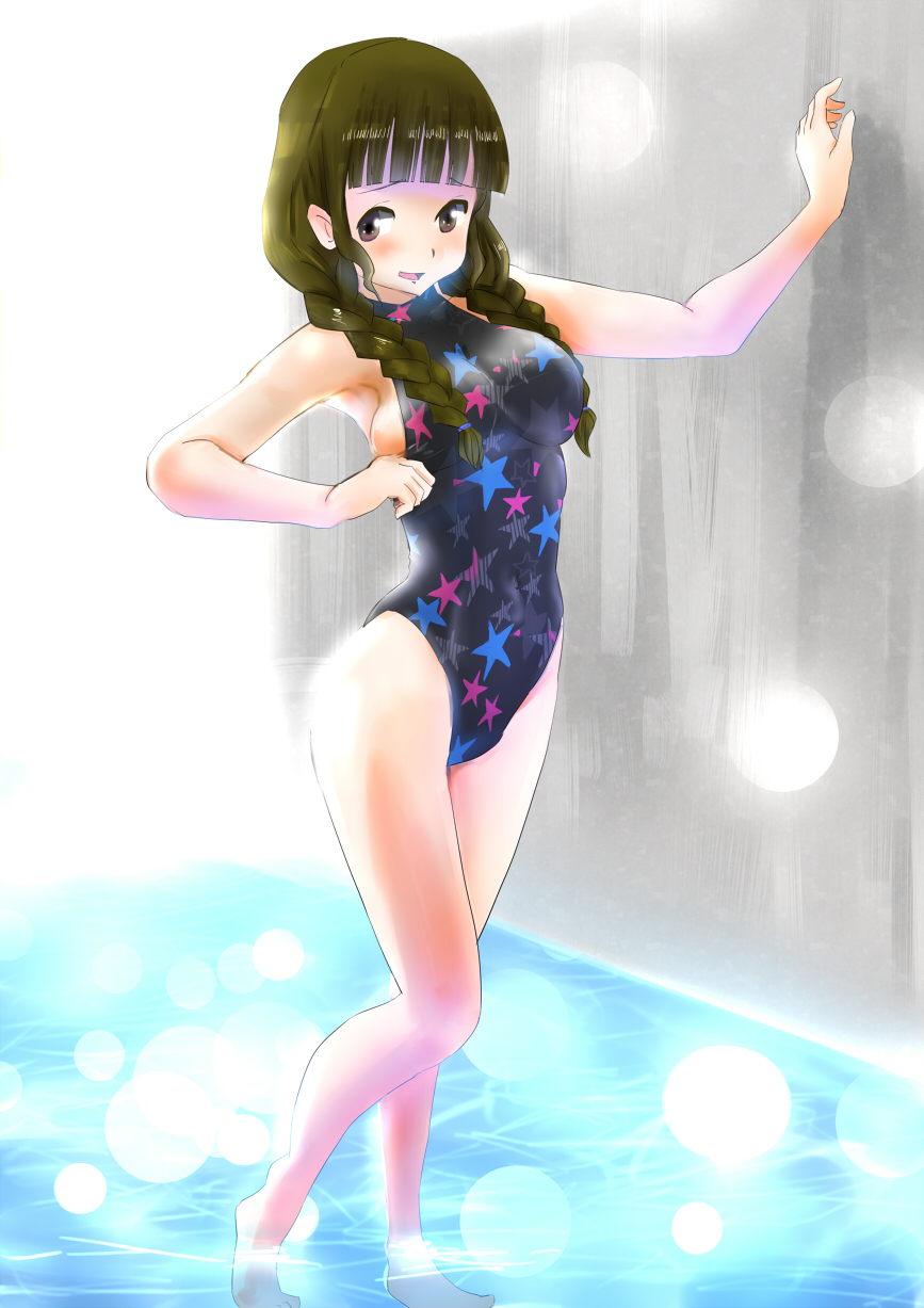10s, 1girl, barefoot, braid, brown_eyes, brown_hair, commission, competition_swimsuit