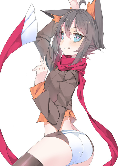 1girl, :q, ahoge, animal_ears, black_thighhighs, blue_eyes, butt_crack, cat_ears