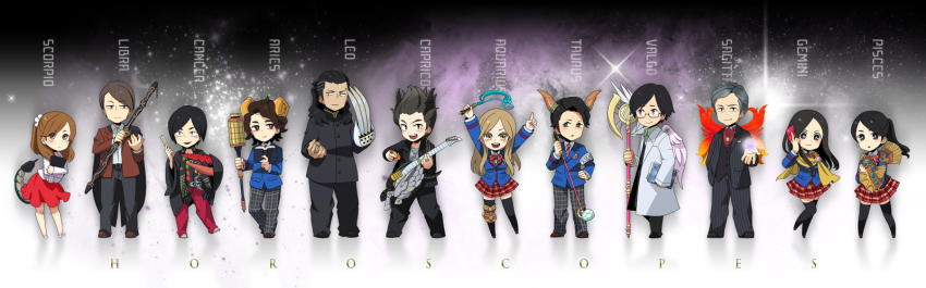 3girls, 6+boys, :3, aquarius_zodiarts, armband, arms_up, black_hair, black_legwear, blush, book, brown_eyes, brown_hair, cancer_zodiarts, capricorn_zodiarts, card, claws, crab, earrings, emoto_kuniteru, english_text, engrish_text, folding_fan, gamou_mitsuaki, gemini_zodiarts, glasses, golf_club, goto_toujiro, grey_eyes, grey_hair, guitar, hand_fan, hayami_kouhei, highres, horns, instrument, jewelry, joujima_yuuki, kamen_rider, kamen_rider_fourze_(series), khakkara, kijima_natsuji, kuroki_ran, lab_coat, legband, leo_zodiarts, libra_zodiarts, long_hair, long_image, multiple_boys, multiple_girls, open_mouth, pisces_zodiarts, ponytail, ranguage, red_eyes, ring, robe, saggitarius_zodiarts, scarf, school_uniform, scorpio_zodiarts, scorpion_tail, shakujou, sheep_horns, skirt, smile, sonoda_sarina, staff, suda_erin, sugiura_yuuta, tail, tatsugami_kou, taurus_zodiarts, thighhighs, virgo_zodiarts, walnut, whip, wide_image, wings, yamada_tatsumori