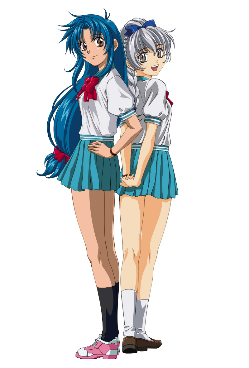 00s, 2girls, bad_id, bad_pixiv_id, blue_hair, braid, breasts, brown_eyes, chidori_kaname, female_focus, full_metal_panic!, grey_eyes, grey_hair, long_hair, long_legs, looking_back, low-tied_long_hair, multiple_girls, open_mouth, sazanami_(artist), school_uniform, serafuku, shoes, simple_background, skirt, smile, socks, teletha_testarossa