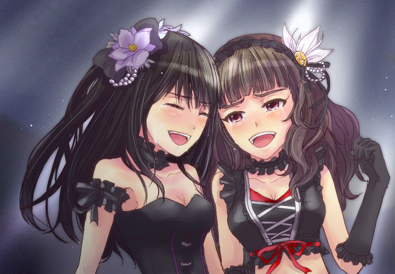 10s, 2girls, black_hair, bow, brown_hair, choker, elbow_gloves, gloves, hair_bow, headdress, idolmaster, idolmaster_cinderella_girls, kamiya_nao, len_(meisou), long_hair, multiple_girls, red_eyes, shibuya_rin, tears