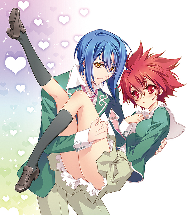 10s, 1boy, 1girl, amamiya_poran, bad_id, bad_pixiv_id, black_socks, blue_hair, carrying, gender_request, genderswap, heart, kneehighs, looking_at_viewer, necktie, red_eyes, red_hair, school_uniform, shindou_sugata, socks, star_driver, tsunashi_takuto, yellow_eyes