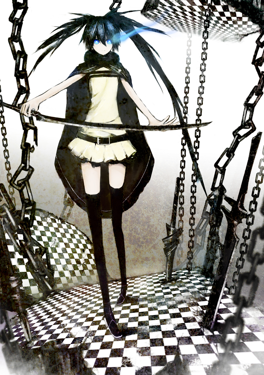 10s, 1girl, black_hair, black_rock_shooter, black_rock_shooter:_innocent_soul, black_rock_shooter_(character), blue_eyes, chain, checkered_floor, female_focus, highres, long_hair, mek, poncho, solo, sword, twintails, weapon